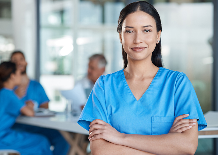 international nurse in scrubs
